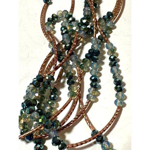 Sparkling Blue AB Bead Necklace Long Glass Gold Tone Curved Bars - Picture 1 of 8